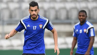 Majed Hassan of the UAE national football team trains on Thursday ahead of his side's Asian Cup quarter-finals match against Japan on Friday. Photo Courtesy / UAE FA