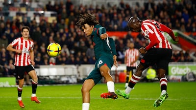 Yoane Wissa heads home Brentford's second goal. Reuters