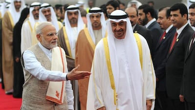 Indian prime minister Narendra Modi welcomes Sheikh Mohammed bin Zayed, the Crown Prince of Abu Dhabi and Deputy Supreme Commander of the Armed Forces, upon his arrival in New Delhi. EPA