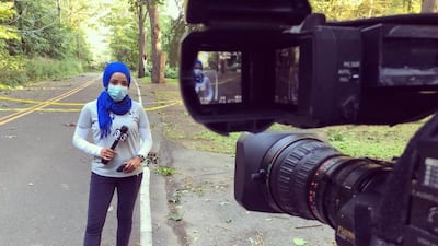 Ayah Galal on the scene of a story for WFSB in Connecticut. Galal is the first reporter in Connecticut to wear the hijab on the air. Ayah Galal / WFSB