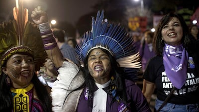 Sonia Guajajara, an indigenous candidate for vice president by the PSOL party, participates in a protest against the far-rights presidential candidate. Getty Images