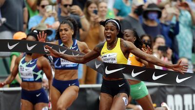 Elaine Thompson-Herah of Jamaica celebrates winning the 100m race during the Diamond League Classic in Eugene, Oregon. AFP