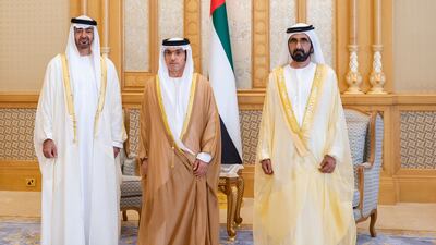 Sheikh Mohammed bin Rashid, Vice President, Prime Minister and Ruler of Dubai, and Sheikh Mohamed bin Zayed, Crown Prince of Abu Dhabi and Deputy Supreme Commander of the Armed Forces, with Hamad Al Shamsi, Minister of State.