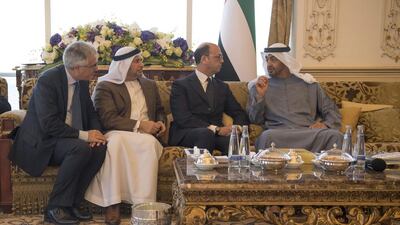 Sheikh Mohammed bin Zayed, Crown Prince of Abu Dhabi and Deputy Supreme Commander of the Armed Forces, speaks with Angelino Alfano Minister of Foreign Affairs and International Cooperation of Italy (2nd R), HE Dr Anwar bin Mohamed Gargash, UAE Minister of State for Foreign Affairs (3rd R) and Liborio Stellino, Ambassador of Italy to the UAE (L), during a Sea Palace barza. (Mohamed Al Hammadi / Crown Prince Court — Abu Dhabi