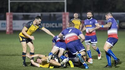 Dubai Hurricanes in their match against Jebel Ali Dragons at the Sevens Rugby ground. Antonie Robertson / The National