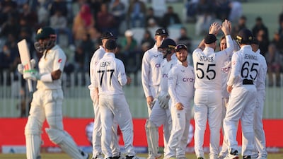 England players celebrate after spinner Jack Leach caught out Babar Azam off the bowling of Will Jacks. Getty