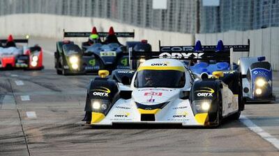 Humaid Al Masaood leads the pack in his Mazda-powered No 20 Oryx Dyson Racing Lola coupe during the Baltimore Grand Prix.