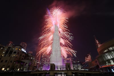 The fireworks display on Burj Khalifa ring in the new year. Pawan Singh / The National