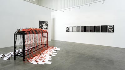 Mounir Fatmi’s Inside the Fire Circle uses art to reinforce lessons of history. Jump leads spill from typewriters and photos reveal John Howard Griffin’s ‘colour change’. Courtesy Lawrie Shabibi and the artist