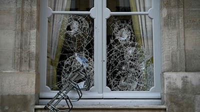 A bicycle rack smashed against a window at the Hotel de Nesmond, the state's official residence in Gironde, in Bordeaux. AFP