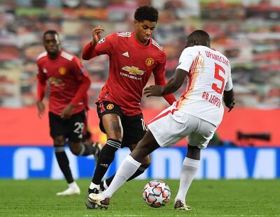 Marcus Rashford vies with Leipzig defender Dayot Upamecano. AFP