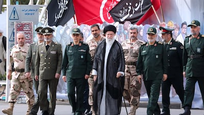 Iranian supreme leader Ayatollah Ali Khamenei, centre, with Islamic Revolutionary Guard Corps chief Hossein Salami, centre right, and IRGC military commander General Mohammad Bagheri, centre left in Tehran. EPA? Supreme leader office handout