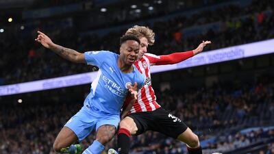 Raheem Sterling, 7 - Uses his body so well. Kept chipping away and showed excellent strength to hold off Ajer. Opted for the spectacular when his overhead kick flew over the bar, but won the spot-kick when he was bundled over by Roerslev. Getty Images