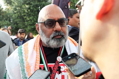 Campaigner Asad Rehman at the march on Saturday. Pawan Singh / The National