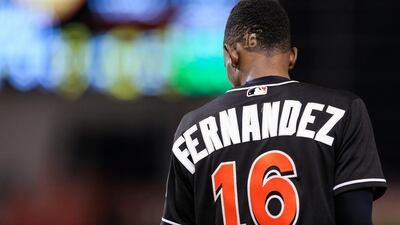 Dee Gordon of the Miami Marlins wearing a Jose Fernandez jersey and the number 16 shaved into his hair in honour of the late pitcher. Rob Foldy/Getty Images