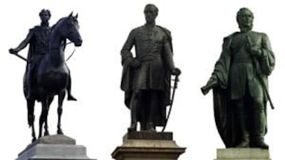 The three permanent statures at Trafalgar Square from left to right: King George IV, Major General Sir Henry Havelock and Charles James Napier.