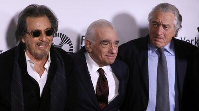 Actors Al Pacino and Robert De Niro pose with Director Martin Scorsese as they arrive for the world premiere of the film "The Irishman" in New York City, New York, U.S., September 27, 2019. REUTERS/Carlo Allegri
