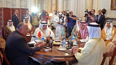 The foreign ministers of the UAE, Egypt, Bahrain and Saudi Arabia met in Cairo to discuss the Gulf diplomatic crisis. Khaled El Fiqi / AFP