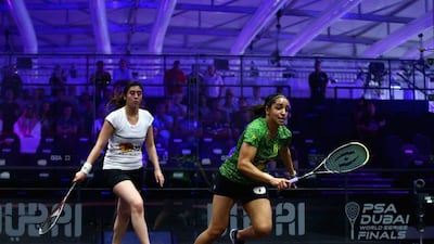 Raneem El Welily of Egypt competes against Nour El Sherbini of Egypt during day one of the PSA Dubai World Series Finals in Dubai. Francois Nel / Getty Images