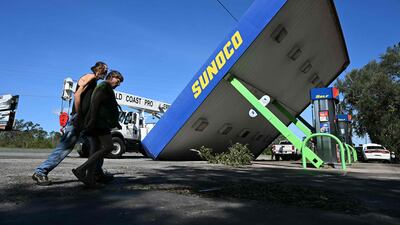 Hurricane Helene toppled the forecourt roof of a petrol station in Perry, Florida, on Friday September 27, 2024. AFP