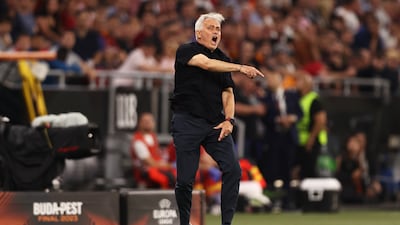 Roma manager Jose Mourinho reacts on the touchline. Getty