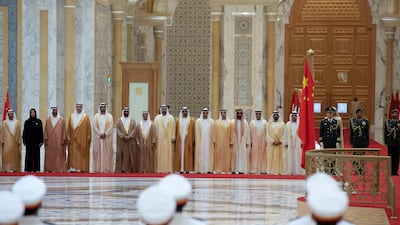 The UAE delegation waits for the arrival of Mr Xi. Crown Prince Court - Abu Dhabi