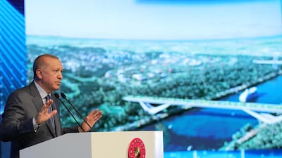 Turkish President Recep Tayyip Erdogan speaks during the ground-breaking ceremony of Sazlidere Bridge in Istanbul on June 26, 2021. Reuters