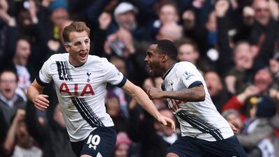 Tottenham's Danny Rose celebrates scoring their second goal with Harry Kane. Action Images via Reuters / Tony O'Brien
