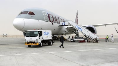 Guests walk by the Qatar Airways B787-8 plane at the Dubai Air Show in Dubai. Sarah Dea / The National