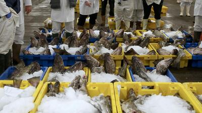 Buyers stand next to boxes of cod during the daily auction at the fish market in Grimsby. Phil Noble / Reuters