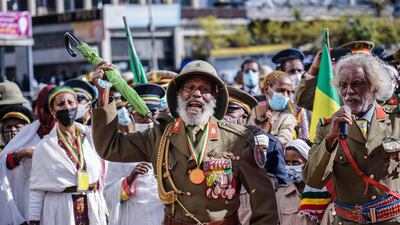 War veterans march during the celebration of the 80th patriots' day, commemorating the end of the Italian occupation, at Meyazia 27 Square in Addis Ababa, Ethiopia. AFP