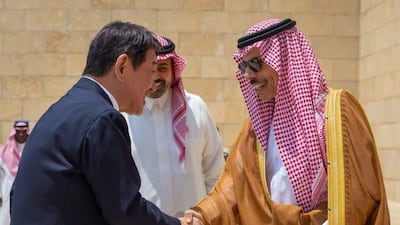 Prince Faisal bin Farhan, Saudi Foreign Minister, receives his Japanese counterpart Toshimitsu. Photo: Saudi Foreign Ministry