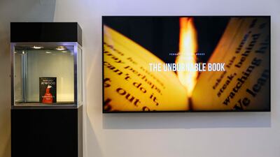 Margaret Atwood's Unburnable Book, a fireproof edition of her often banned book The Handmaid’s Tale on display at Sotheby’s in New York. AFP