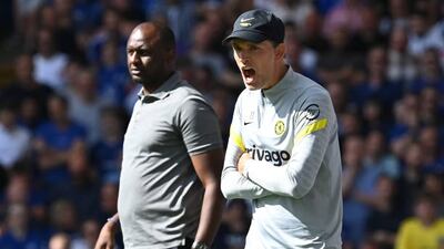 Chelsea manager Thomas Tuchel with Palace counterpart Patrick Vieira in the background.