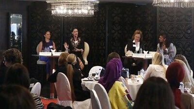 W From left, Charney Magri, Mina Liccoine, Lisa Ball-Lechgar and Salha Al Busaidy at the Defining Success forum in Dubai. Jeffrey E Biteng / The National