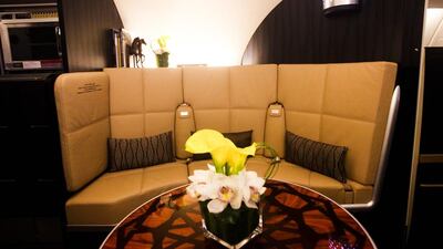 Above, the lounge area of on the top deck of Etihad Airways' Airbus A380. Lee Hoagland / The National