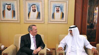 Sheikh Nahyan bin Mubarak, Minister of Culture and Knowledge Development, meets with Dr Liam Fox, UK Secretary of State for International Trade, on Monday. Wam