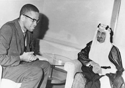 American civil rights leader Malcolm X meets Prince Faisal, regent of Saudi Arabia who later became king, on a visit to Makkah in April 1964. Getty Images