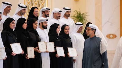 Sheikh Mansour bin Zayed meets graduates of the second Nafis Leadership Programme at a ceremony held at Qasr Al Watan in Abu Dhabi. Photo: Wam