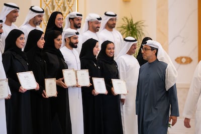 Sheikh Mansour bin Zayed meets graduates of the second Nafis Leadership Programme at a ceremony held at Qasr Al Watan in Abu Dhabi. Photo: Wam