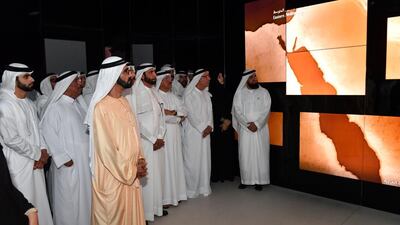 Sheikh Mohammed watches a short film about the discovery of the Saruq Al Hadid site. Wam