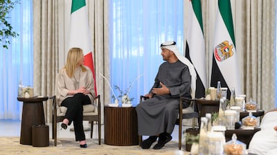 Sheikh Mohamed holds talks with Ms Meloni during her first visit to the UAE. Abdulla Al Neyadi / UAE Presidential Court