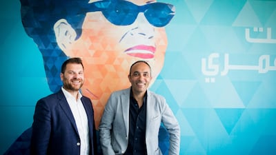 Anghami's Lebanese co-founders Eddy Maroun, left, and Elie Habib at their headquarter in Beirut. Natalie Naccache for The National