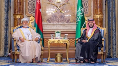 Sultan Haitham of Oman, left, with Saudi Crown Prince Mohammed bin Salman in Jeddah. SPA