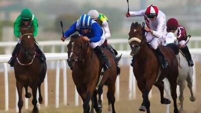 Trainer Erwan Charpy likes the chances his horse Versac PY, centre, has in the President of the UAE Cup.