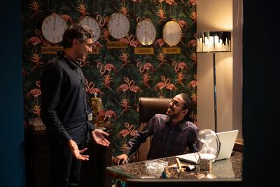 Director Ramin Bahrani and Adarsh Gourav on set of 'The White Tiger'. Netflix