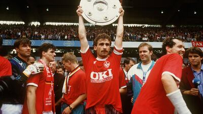 Stefan Kuntz lifts the Bundesliga Shield in 1991 with Kaiserslautern. The club would win the league title one more time, in 1998, before sliding down the German football ladder. Reuters