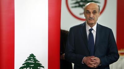 Samir Geagea, leader of the Christian Lebanese Forces party, enters a hall to meet with his senior party officials to announce his candidacy for the Lebanese presidency, in Maarab east Beirut, Lebanon. AP