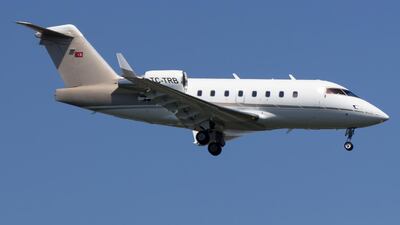 A Bombardier CL604 aircraft, with tail number TC-TRB, descends to land in Istanbul. The Turkish private jet flying from the UAE to Istanbul carrying a group of young women crashed Sunday night. AP