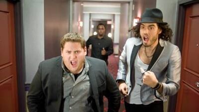 Jonah Hill as Aaron Greenberg and Russell Brand as Aldous Snow in Universal Pictures' Get Him to the Greek.
